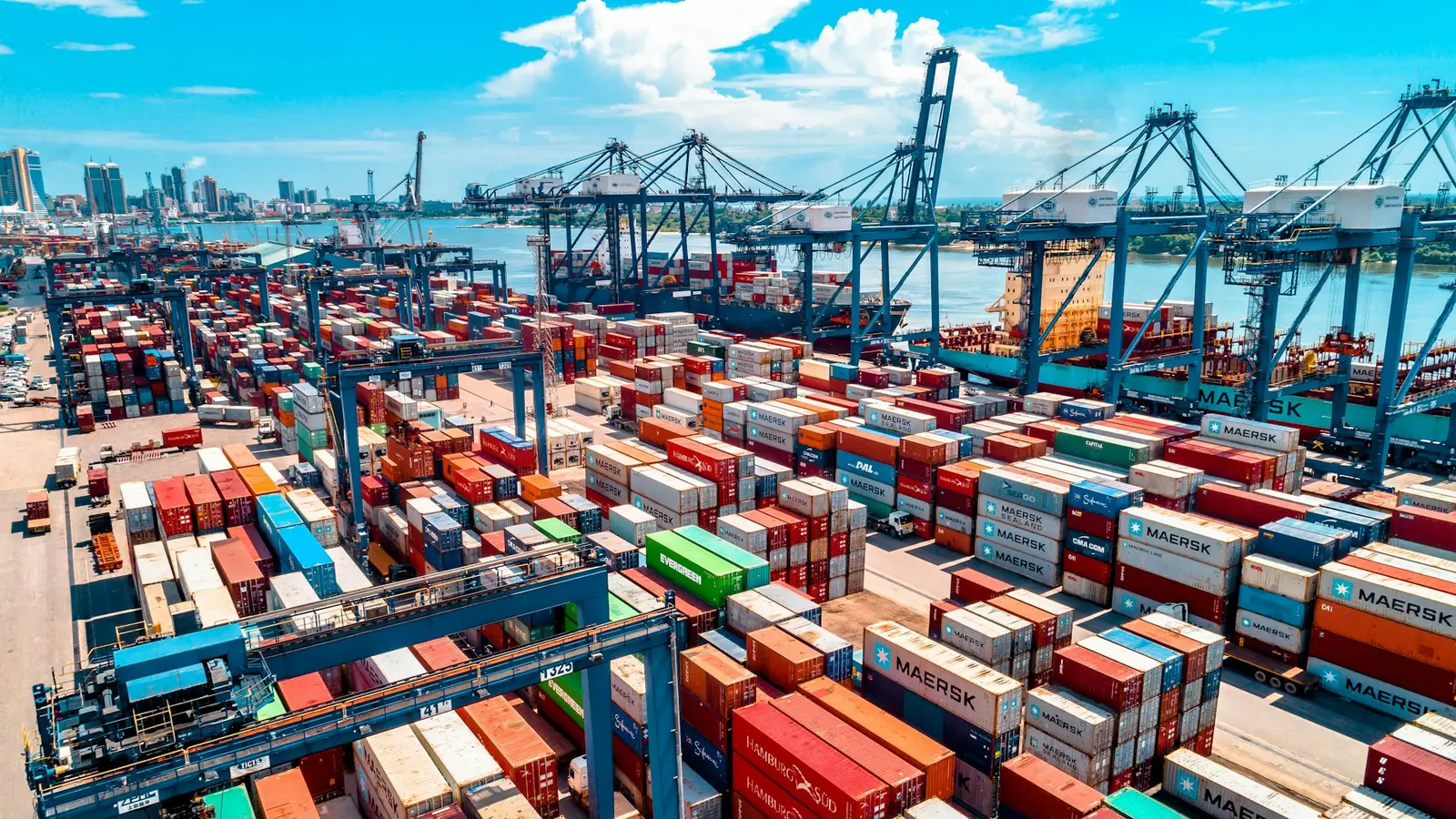 Shipping containers and cranes at a cargo terminal