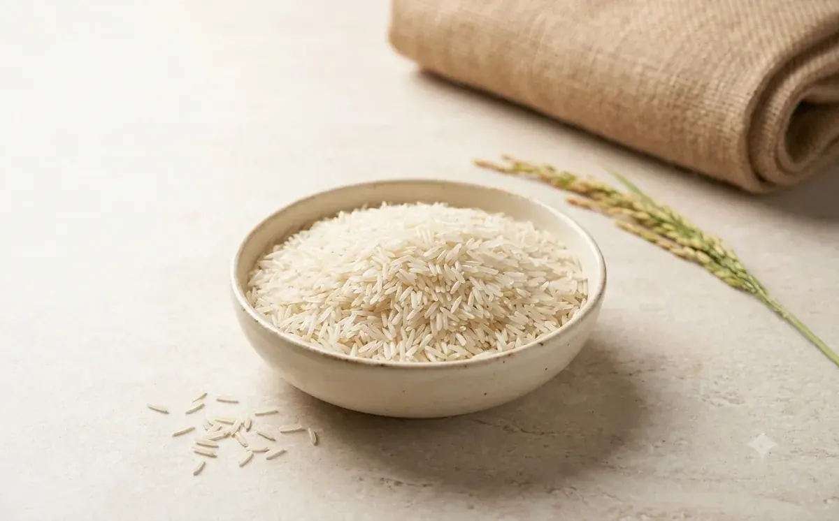 Basmati rice grains in a ceramic bowl with a paddy stalk and a folded hessian sack