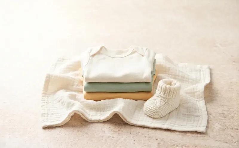 Folded soft cotton baby bodysuits with a knitted bootie on a muslin blanket
