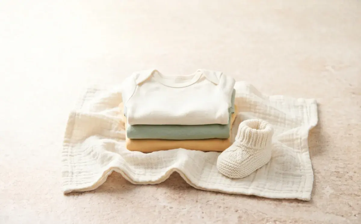 Folded soft cotton baby bodysuits with a knitted bootie on a muslin blanket