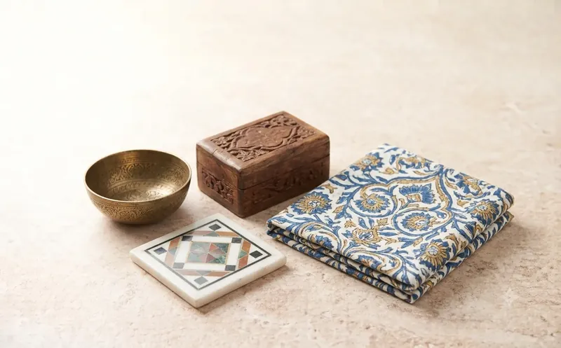 Handcrafted brass bowl, carved wooden box, marble inlay coaster and block-printed cotton textile