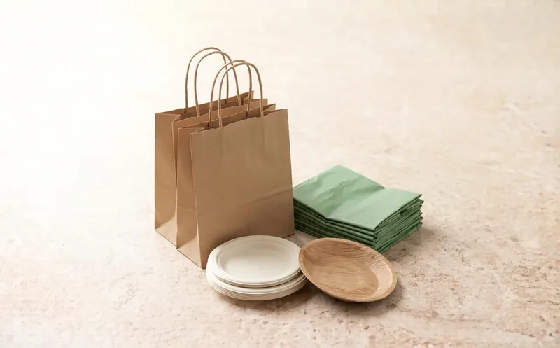 Kraft paper bags, bagasse and palm leaf plates and green paper napkins