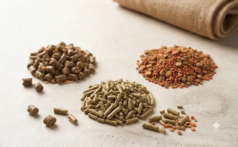 Three piles of pelleted and mixed animal feed beside a folded hessian sack