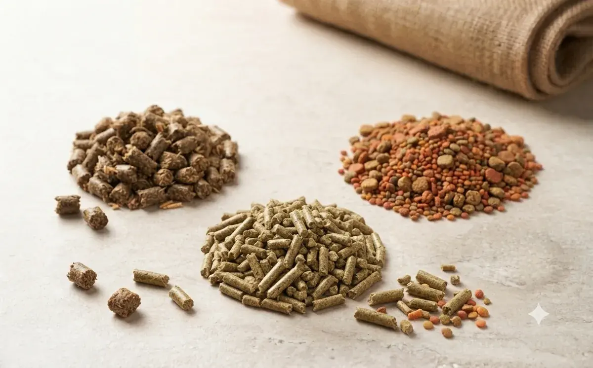 Three piles of pelleted and mixed animal feed beside a folded hessian sack