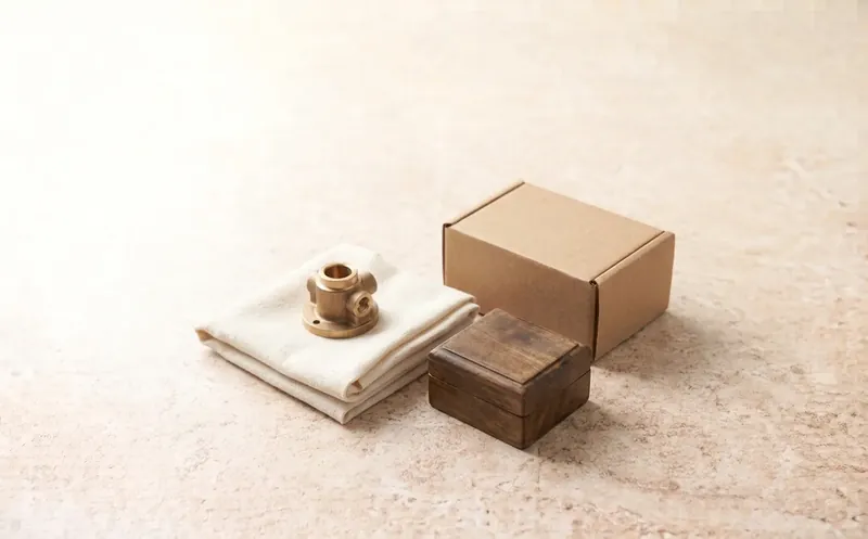Folded cloth, a small turned wooden item, a wooden box and a kraft carton as custom sourcing samples