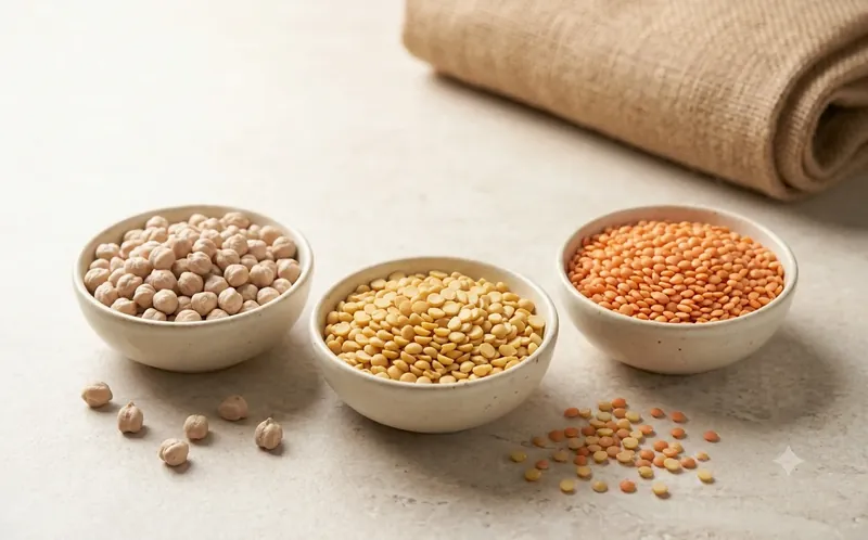 Chickpeas, split yellow daal and red lentils in ceramic bowls beside a folded hessian sack