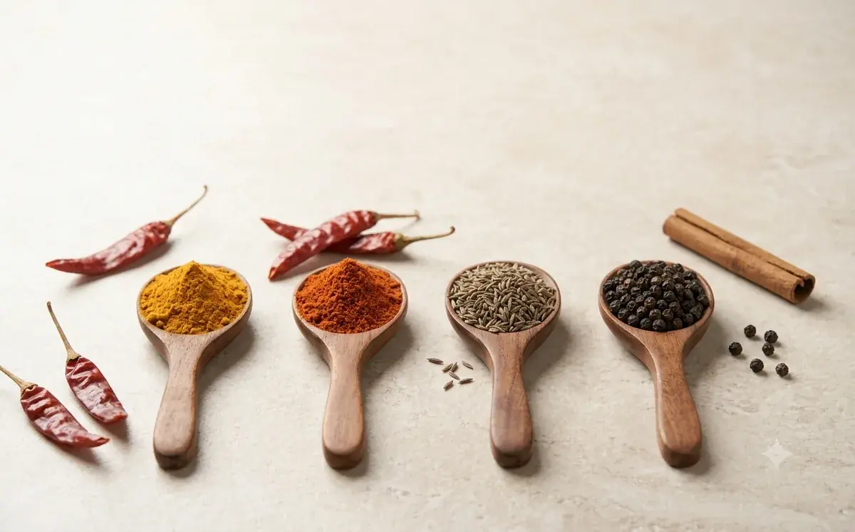 Indian spices — turmeric, red chilli, cumin and black pepper in wooden spoons with dried chillies and a cinnamon stick