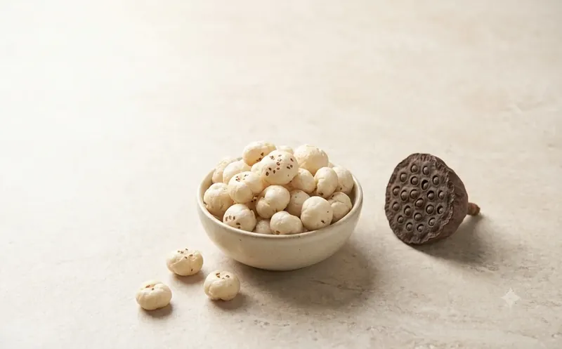 Foxnut makhana popped water lily seeds in a ceramic bowl beside a dried lotus seed pod