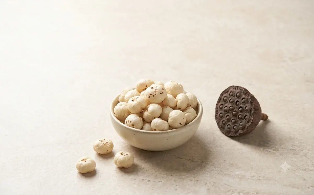 Foxnut makhana popped water lily seeds in a ceramic bowl beside a dried lotus seed pod