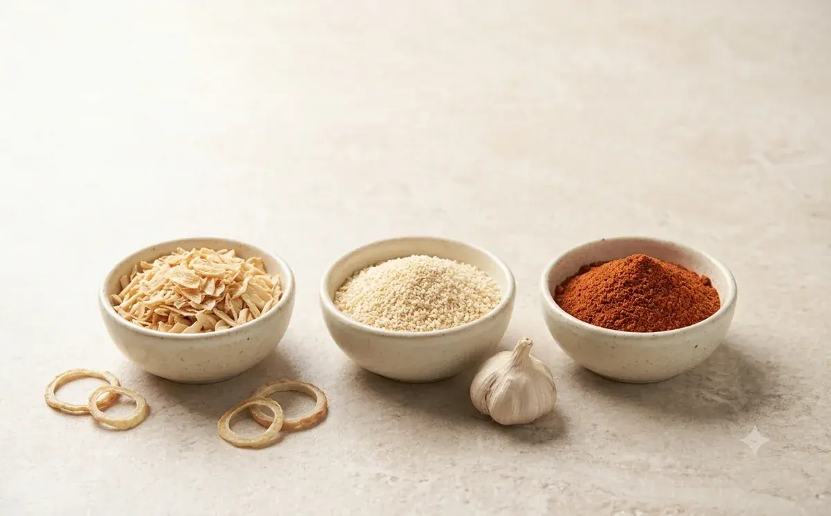 Dehydrated onion flakes, garlic granules and red powder in ceramic bowls with dried onion rings and a garlic bulb