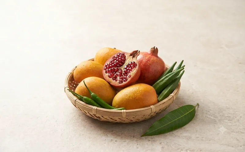 Fresh mangoes, pomegranates, okra and green chillies in a woven basket with a mango leaf