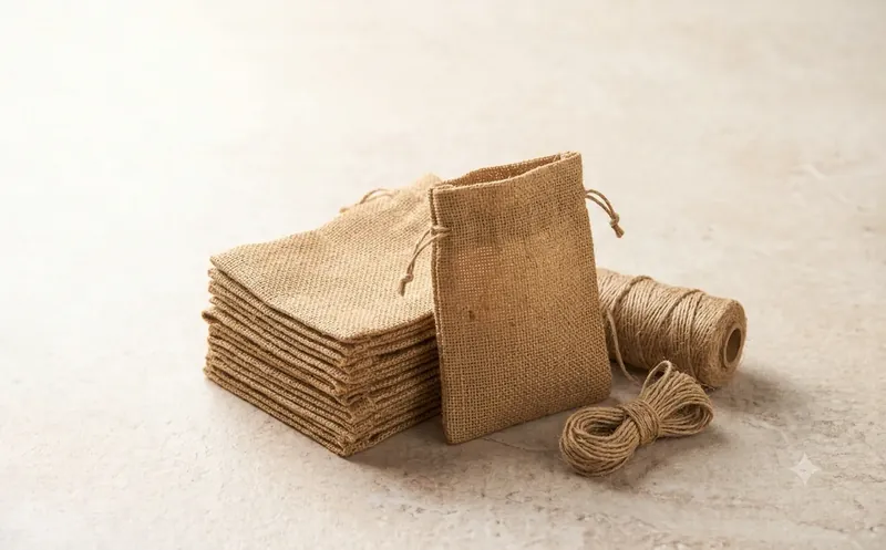 Jute hessian drawstring bags stacked beside a spool of natural jute twine