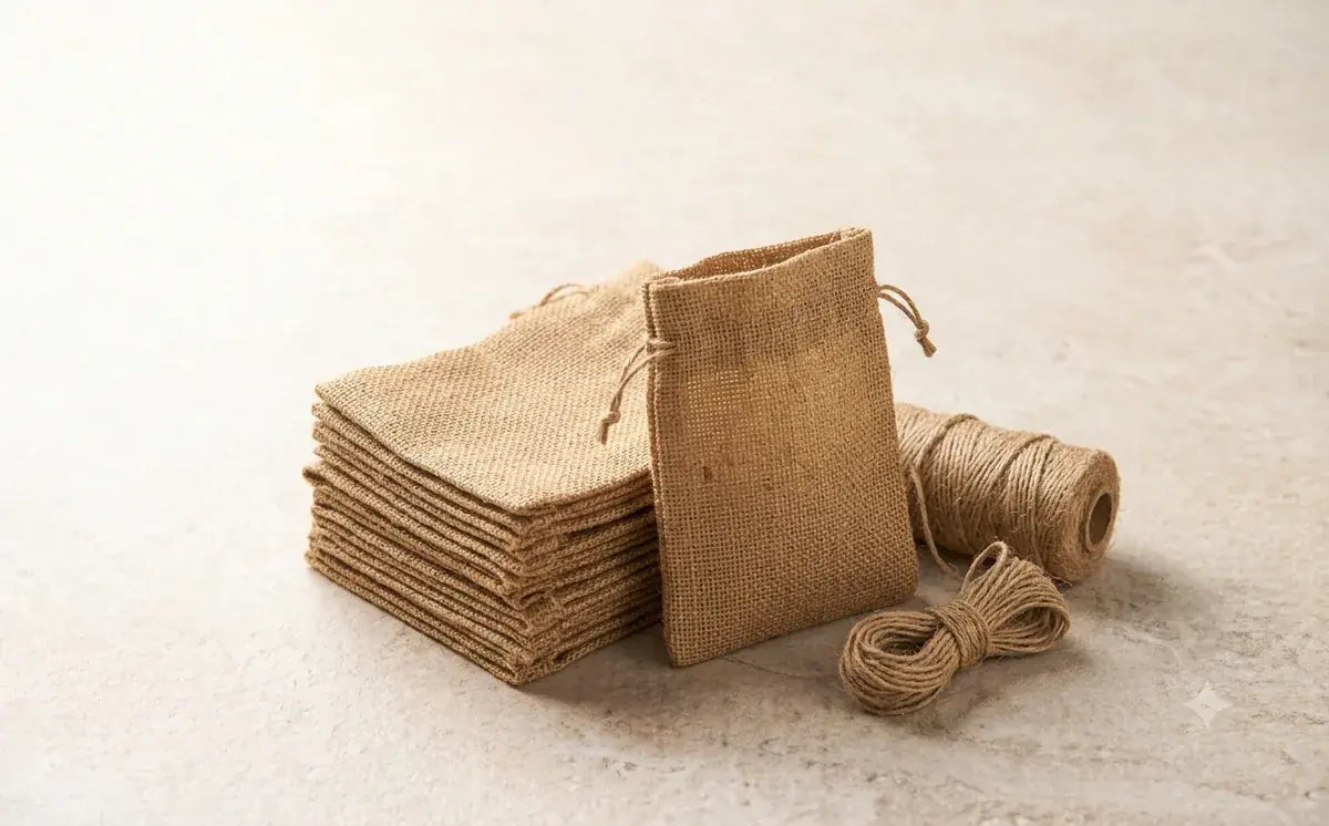 Jute hessian drawstring bags stacked beside a spool of natural jute twine
