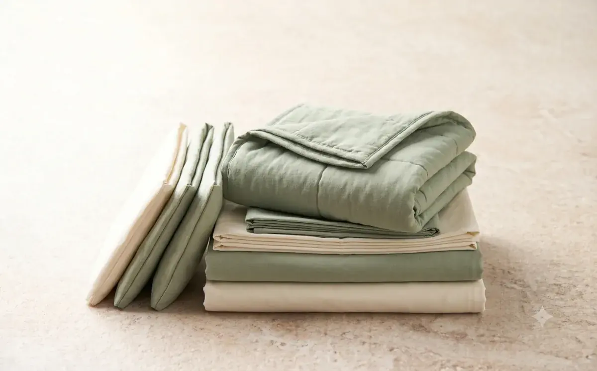 Folded cotton bed linen, pillowcases and a quilted throw in sage green and cream