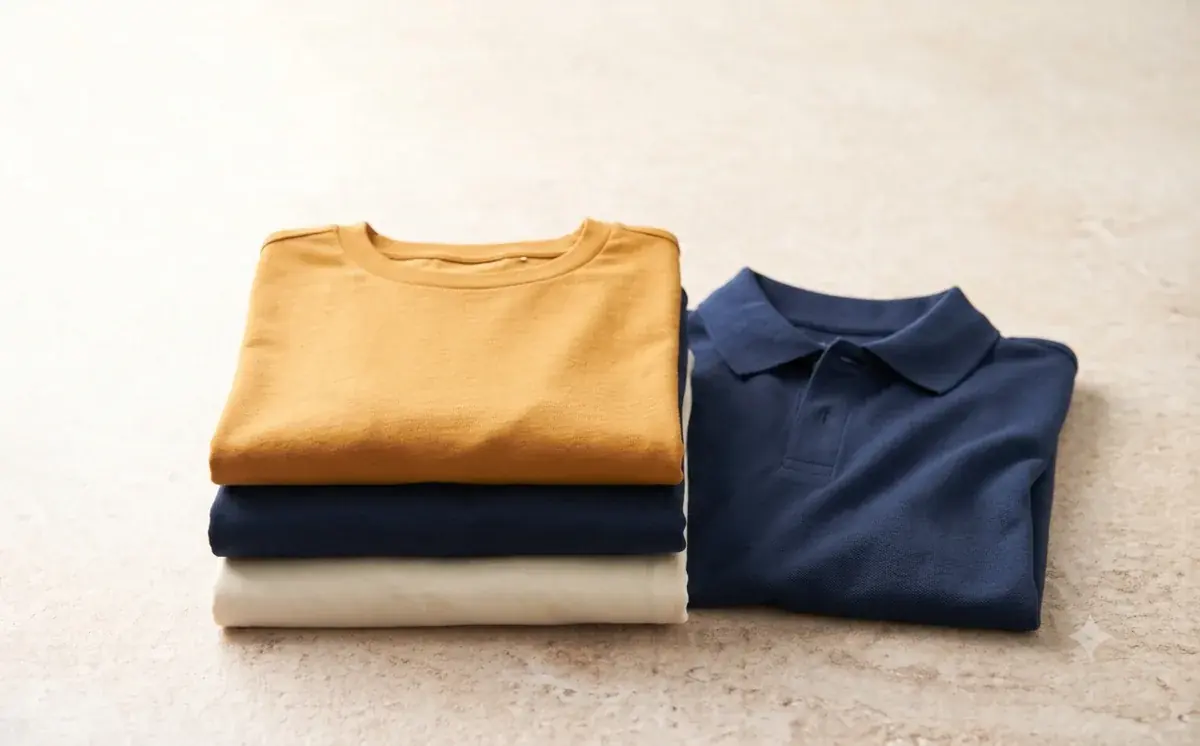 Folded cotton T-shirts in mustard, navy and cream beside a navy pique polo shirt