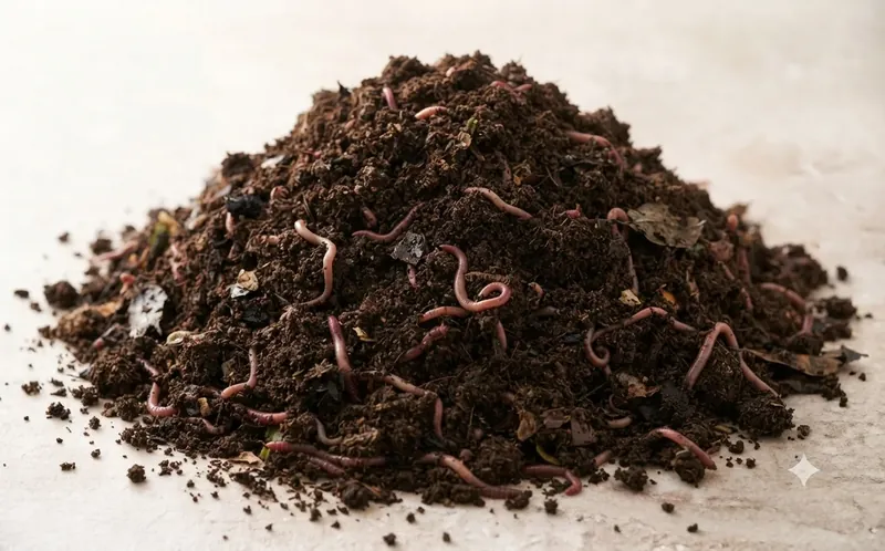 Dark vermicompost heap with visible earthworms
